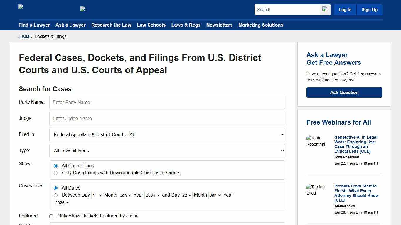 U.S. District Court and U.S. Court of Appeals Cases, Dockets and Filings Justia Dockets & Filings