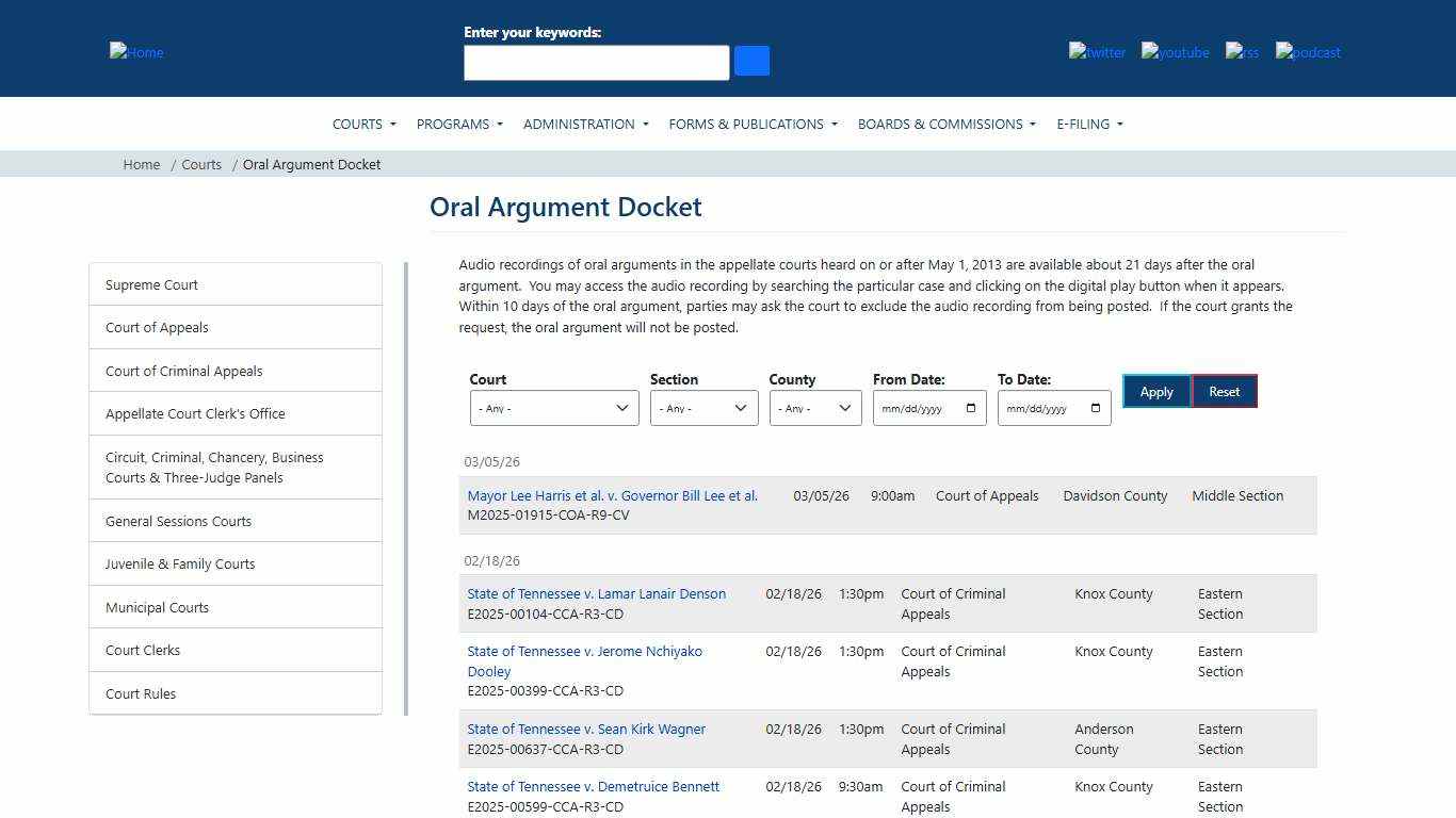Oral Argument Docket Tennessee Administrative Office of the Courts